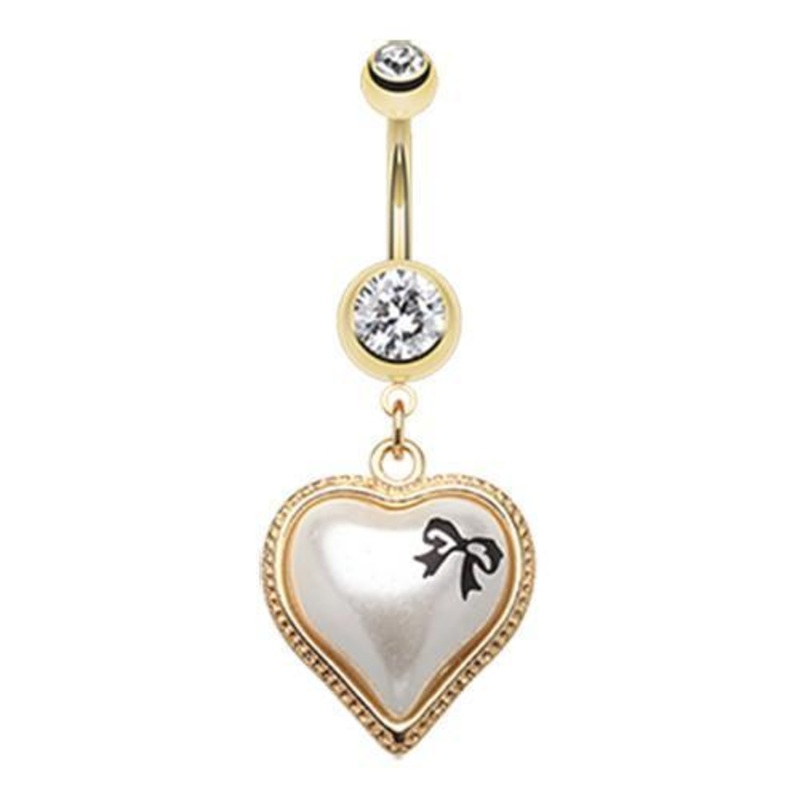 Clear Golden Puffed Pearl Bow-Tie Heart Dangle Belly Ring 14G (1.6mm) Length: 3/8″ (10mm)