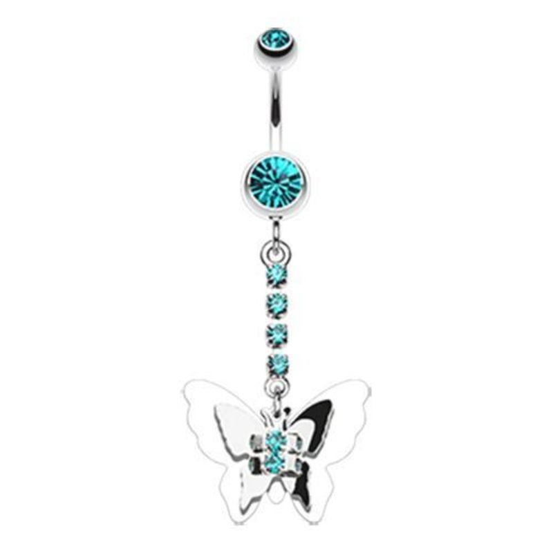 Teal Shining Butterfly Dangle Belly Ring 14G (1.6mm) Length: 3/8″ (10mm)
