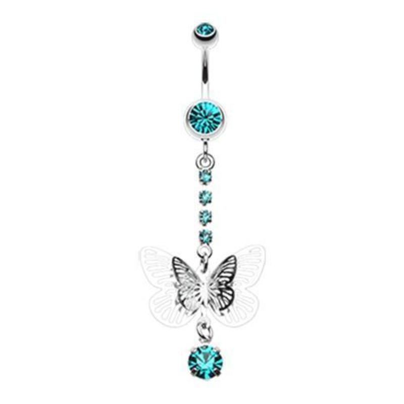 Teal Sparkle Flutter Butterfly Dangle Belly Ring 14G (1.6mm) Length: 3/8″ (10mm)