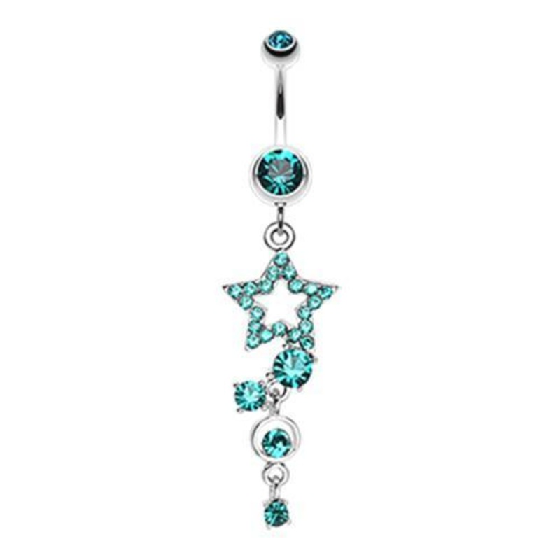 Teal Star Sparkle Gem Curve Dangle Belly Ring 14G (1.6mm) Length: 3/8″ (10mm)