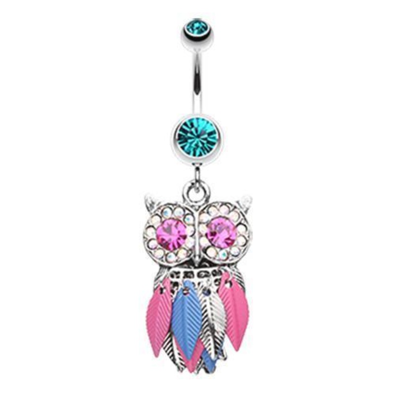 Teal Vibrant Owl Feather Sparkle Dangle Belly Ring 14G (1.6mm) Length: 3/8″ (10mm)