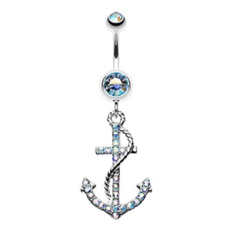 Aqua/Aurora Borealis Glistening Gem Anchor Dock Dangle Belly Ring 14G (1.6mm) Length: 3/8″ (10mm)