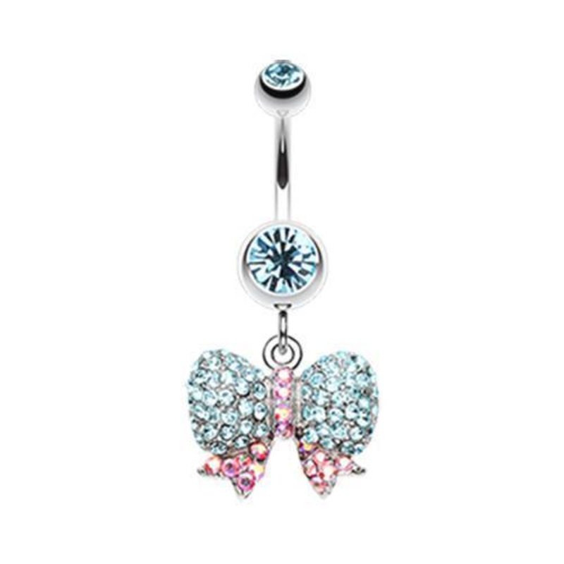 Aqua Lovely Sparkle Bow-Tie Dangle Belly Ring 14G (1.6mm) Length: 3/8″ (10mm)