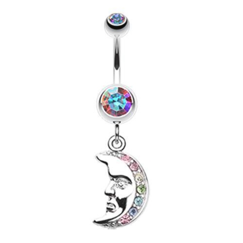 Aurora Borealis Crescent Moon Face Dangle Belly Ring 14G (1.6mm) Length: 3/8″ (10mm)