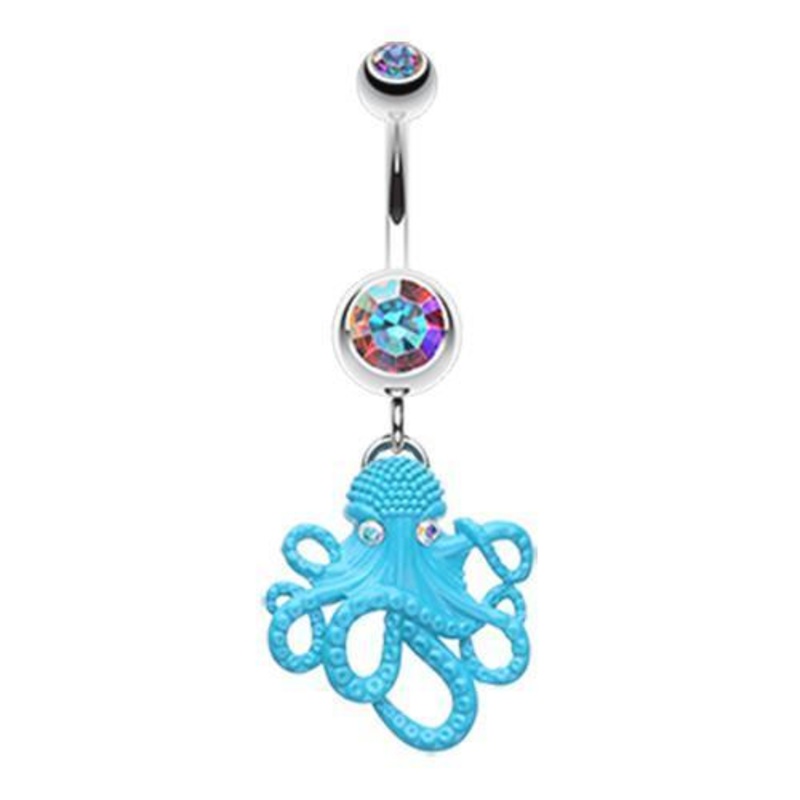 Aurora Borealis Evil Octopus Dangle Belly Ring 14G (1.6mm) Length: 3/8″ (10mm)