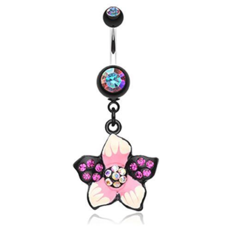 Aurora Borealis/Fuchsia Hawaiian Luau Flower Multi-Gem Dangle Belly Ring 14G (1.6mm) Length: 3/8″ (10mm)