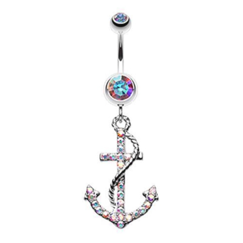 Aurora Borealis Glistening Gem Anchor Dock Dangle Belly Ring 14G (1.6mm) Length: 3/8″ (10mm)