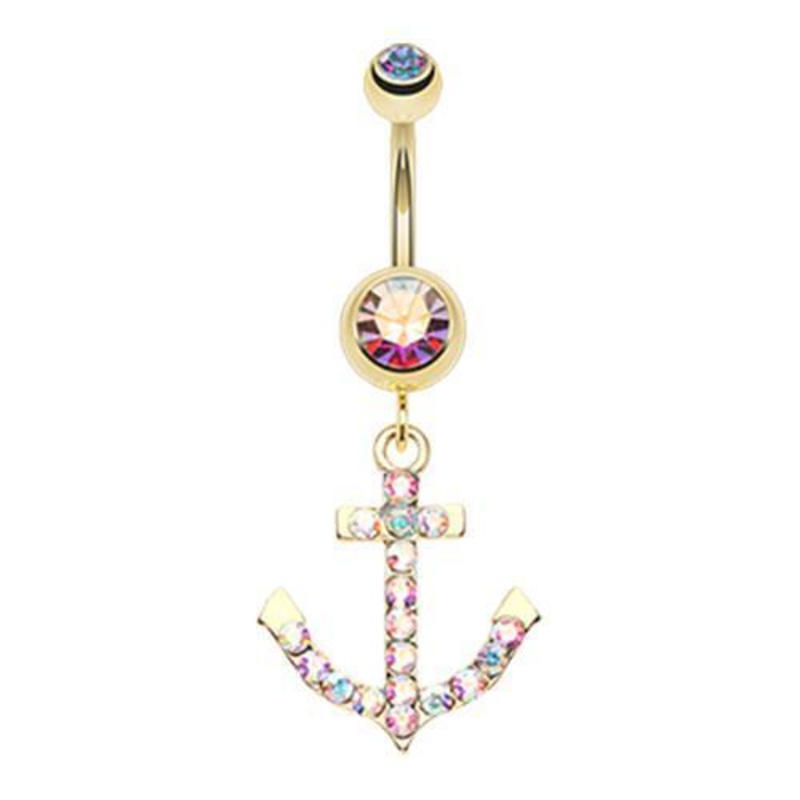 Aurora Borealis Golden Anchor Gem Sparkle Dangle Belly Ring 14G (1.6mm) Length: 3/8″ (10mm)