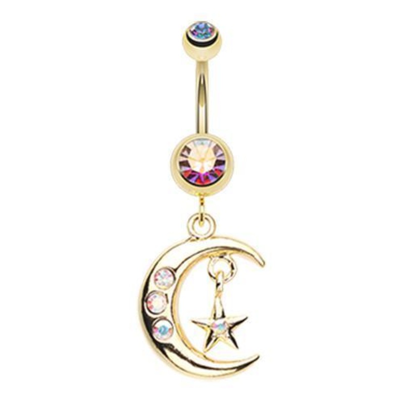 Aurora Borealis Golden Moon and Star Dangle Belly Ring 14G (1.6mm) Length: 3/8″ (10mm)