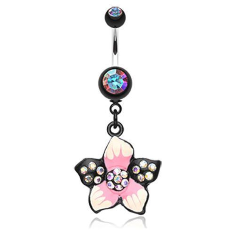 Aurora Borealis Hawaiian Luau Flower Multi-Gem Dangle Belly Ring 14G (1.6mm) Length: 3/8″ (10mm)