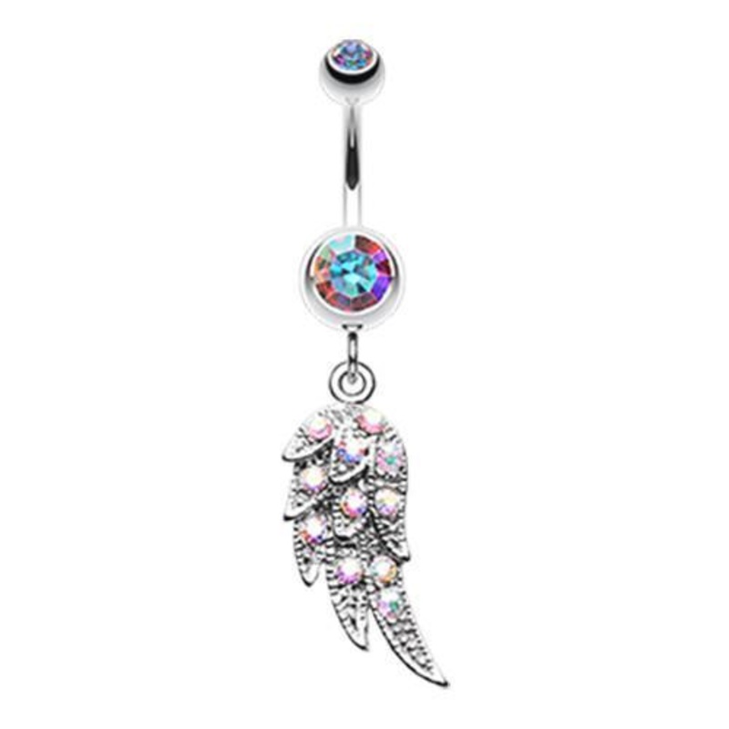 Aurora Borealis/Rainbow Sparkle Angelic Wing Dangle Belly Ring 14G (1.6mm) Length: 3/8″ (10mm)