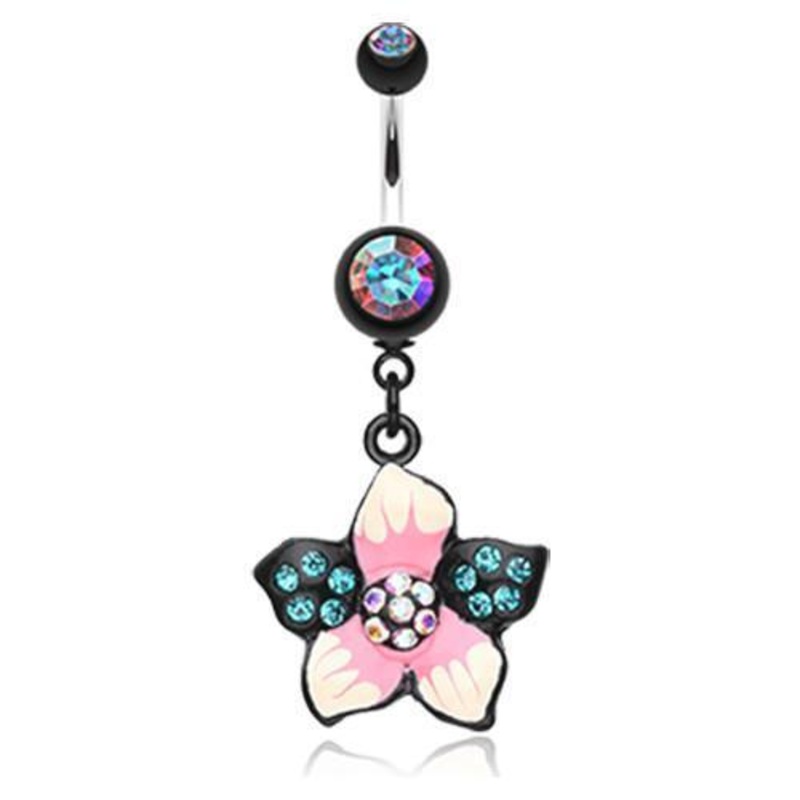 Aurora Borealis/Teal Hawaiian Luau Flower Multi-Gem Dangle Belly Ring 14G (1.6mm) Length: 3/8″ (10mm)