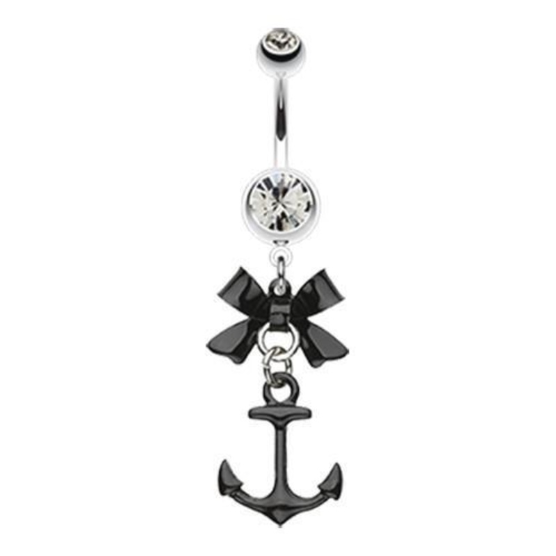 Black Diamond Cute Anchor Bow-Tie Top Dangle Belly Ring 14G (1.6mm) Length: 3/8″ (10mm)