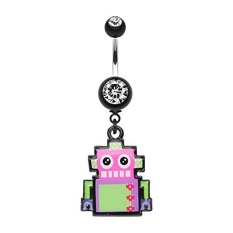 Black Lillibot Robot Dangle Belly Ring 14G (1.6mm) Length: 3/8″ (10mm)