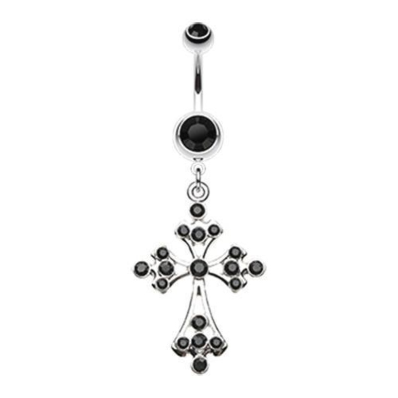 Black Shimmering Cross Dangle Belly Ring 14G (1.6mm) Length: 3/8″ (10mm)