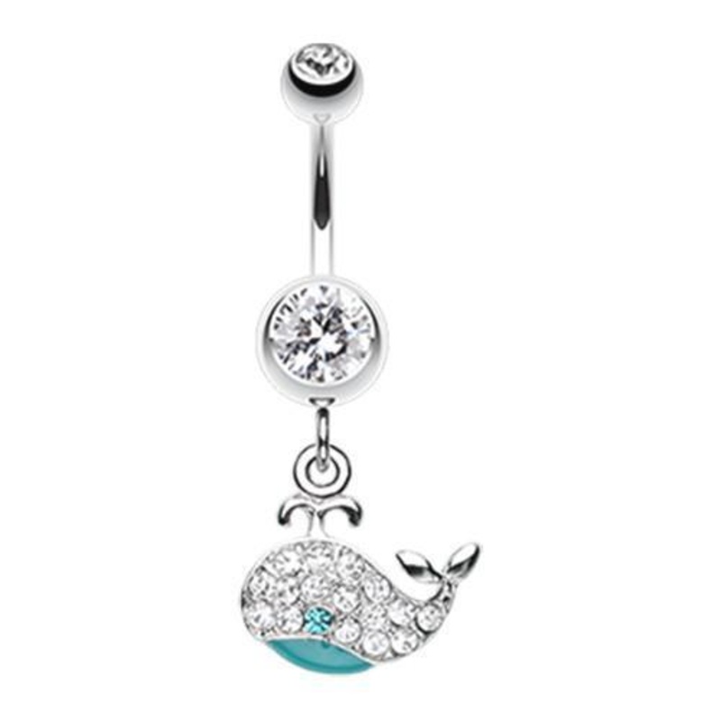 Clear Adorable Whale Multi-Gem Dangle Belly Ring 14G (1.6mm) Length: 3/8″ (10mm)