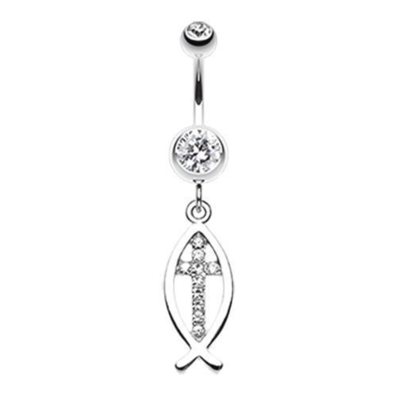 Clear Agape Cross Dangle Belly Ring 14G (1.6mm) Length: 3/8″ (10mm)