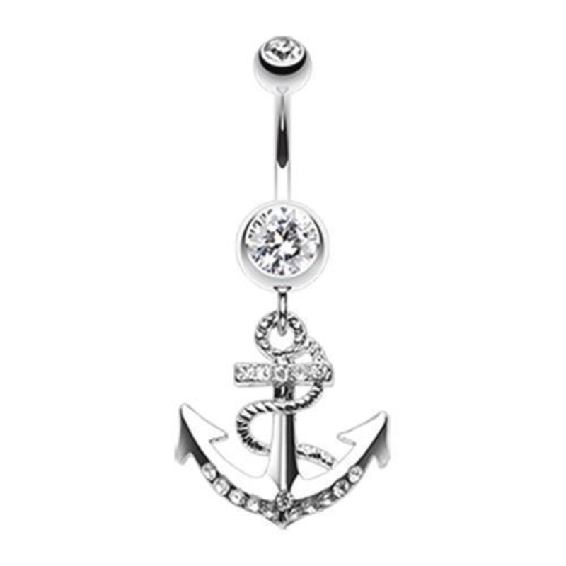 Clear Anchor Dock Dangle Belly Ring 14G (1.6mm) Length: 3/8″ (10mm)
