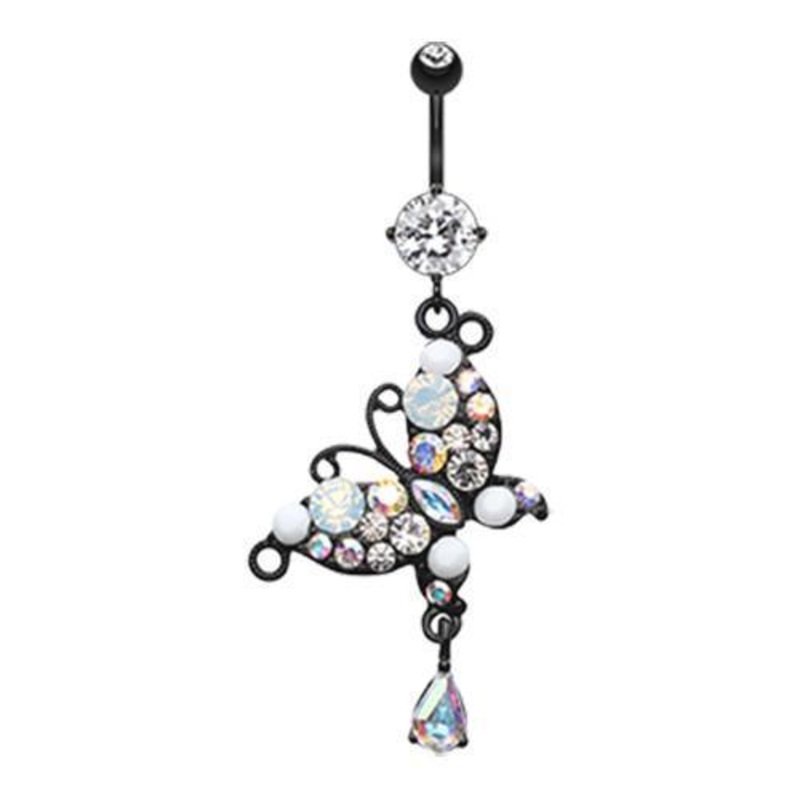 Clear Black Glam Butterfly Dangle Belly Ring 14G (1.6mm) Length: 3/8″ (10mm)