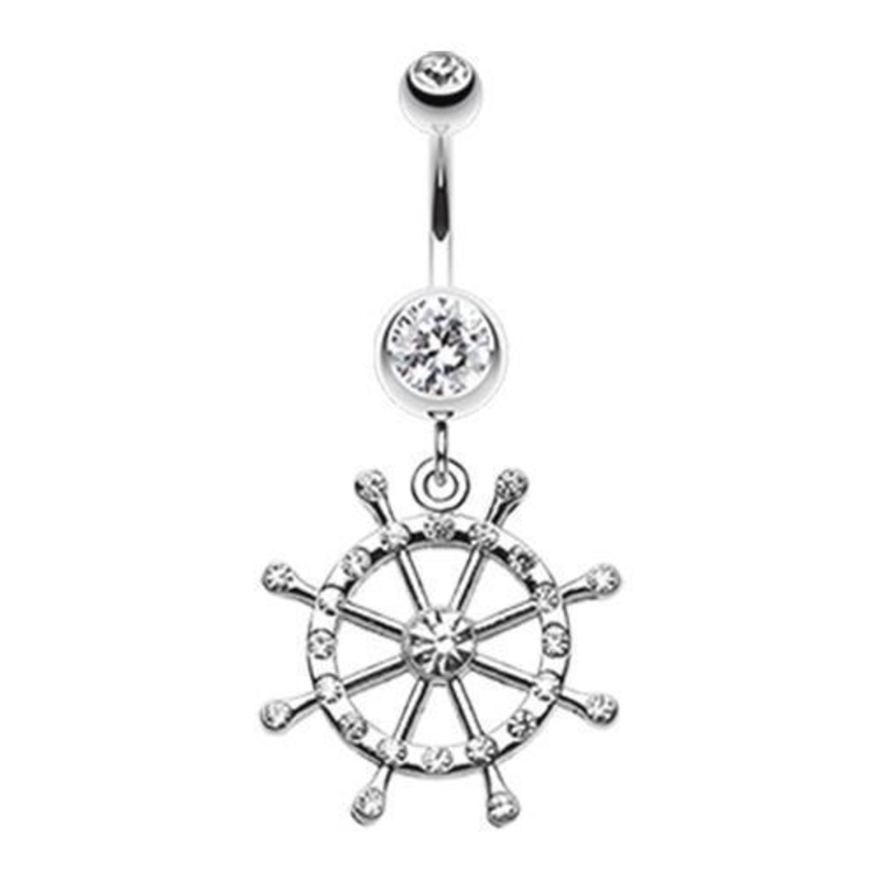 Clear Classic Boat Anchor Wheel Dangle Belly Ring 14G (1.6mm) Length: 3/8″ (10mm)