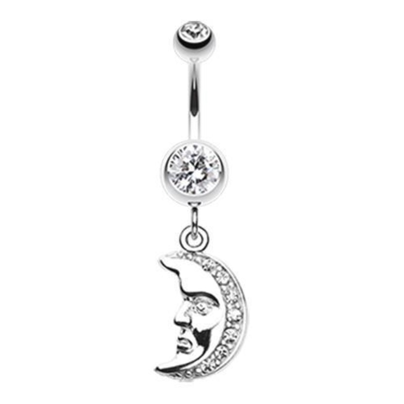 Clear Crescent Moon Face Dangle Belly Ring 14G (1.6mm) Length: 3/8″ (10mm)