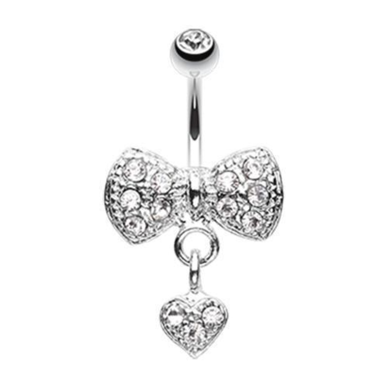 Clear Dangle Heart Bow-Tie Dangle Belly Ring 14G (1.6mm) Length: 3/8″ (10mm)