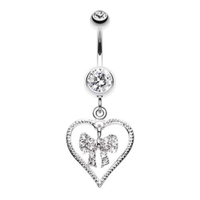 Clear Glam Bow-Tie in Heart Dangle Belly Ring 14G (1.6mm) Length: 3/8″ (10mm)