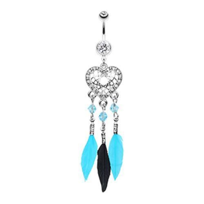 Clear Glam Heart Dream Catcher Feathered Dangle Belly Ring 14G (1.6mm) Length: 3/8″ (10mm)
