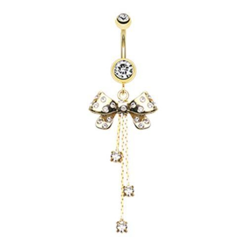 Clear Glistening Bow-Tie Multi-Gem Dangle Belly Ring 14G (1.6mm) Length: 3/8″ (10mm)