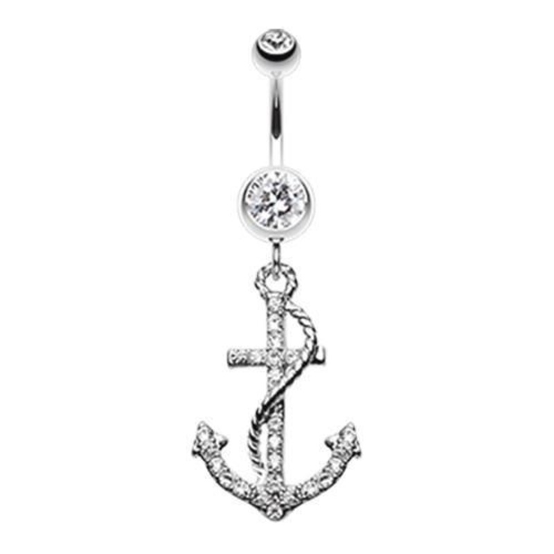 Clear Glistening Gem Anchor Dock Dangle Belly Ring 14G (1.6mm) Length: 3/8″ (10mm)