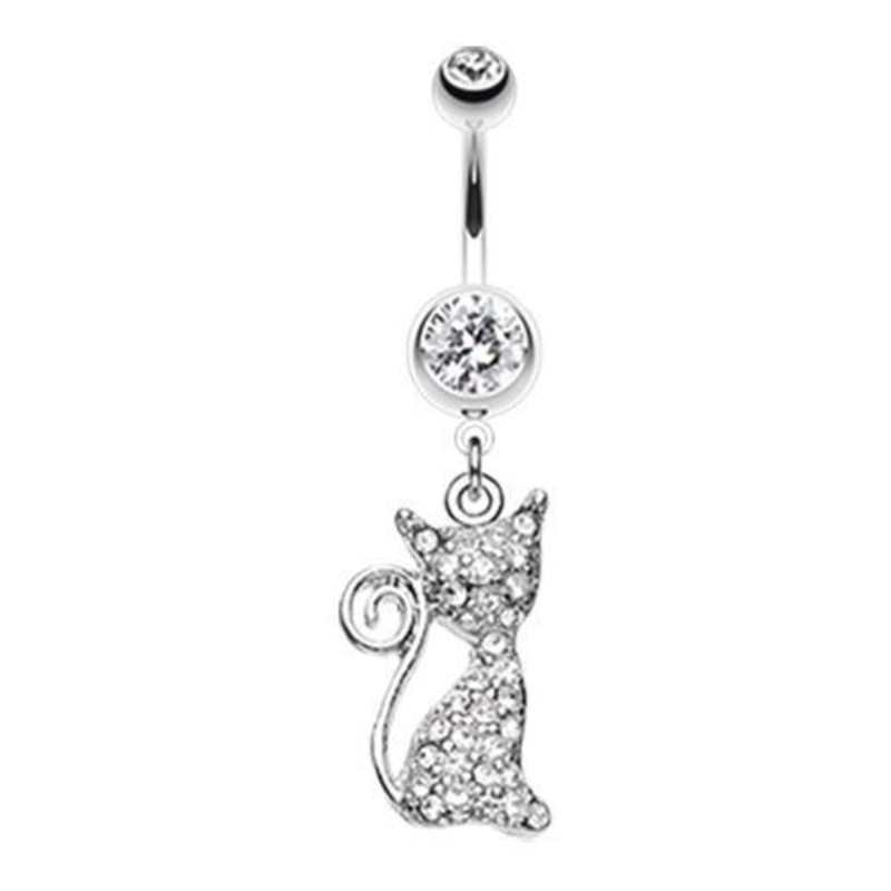 Clear Glistening Kitty Cat Dangle Belly Ring 14G (1.6mm) Length: 3/8″ (10mm)