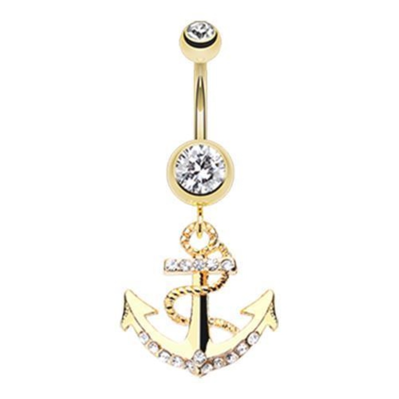 Clear Golden Anchor Dock Dangle Belly Ring 14G (1.6mm) Length: 3/8″ (10mm)