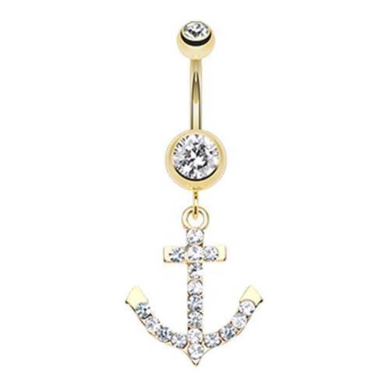 Clear Golden Anchor Gem Sparkle Dangle Belly Ring 14G (1.6mm) Length: 3/8″ (10mm)