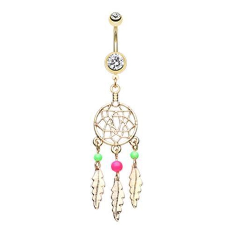 Clear Golden Classic Beaded Dreamcatcher Dangle Belly Ring 14G (1.6mm) Length: 3/8″ (10mm)