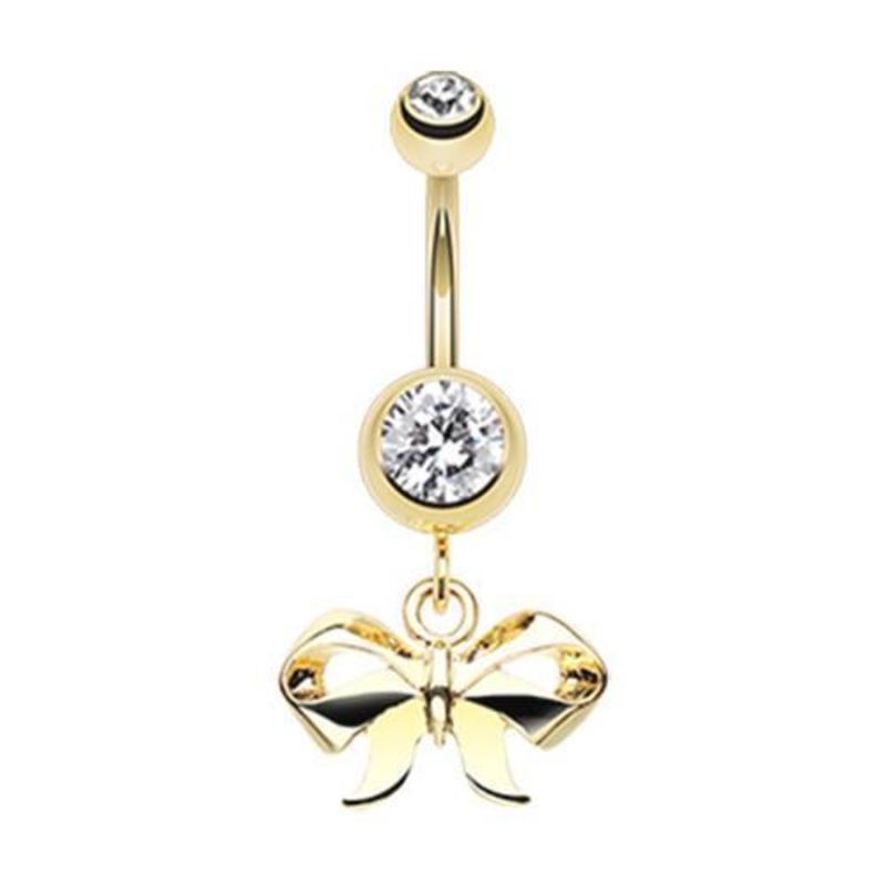 Clear Golden Dainty Bow-Tie Dangle Belly Ring 14G (1.6mm) Length: 3/8″ (10mm)