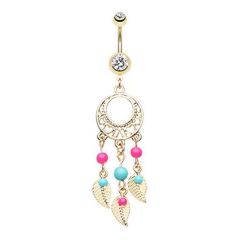 Clear Golden Enchanted Dream Catchers Dangle Belly Ring 14G (1.6mm) Length: 3/8″ (10mm)