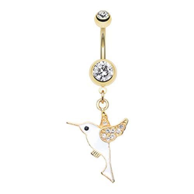 Clear Golden Hummingbird Dangle Belly Ring 14G (1.6mm) Length: 3/8″ (10mm)