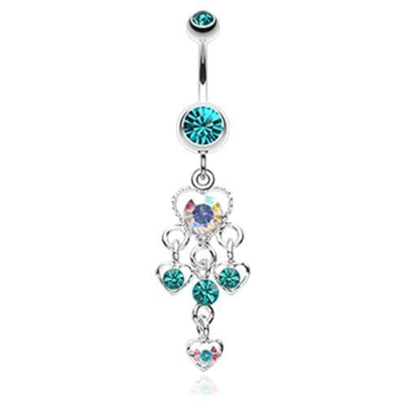 Teal/Aurora Borealis Sparkle Multi Heart Dangle Belly Ring 14G (1.6mm) Length: 3/8″ (10mm)