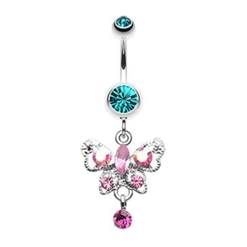 Teal/Fuchsia Butterfly Gleam Dangle Belly Ring 14G (1.6mm) Length: 3/8″ (10mm)