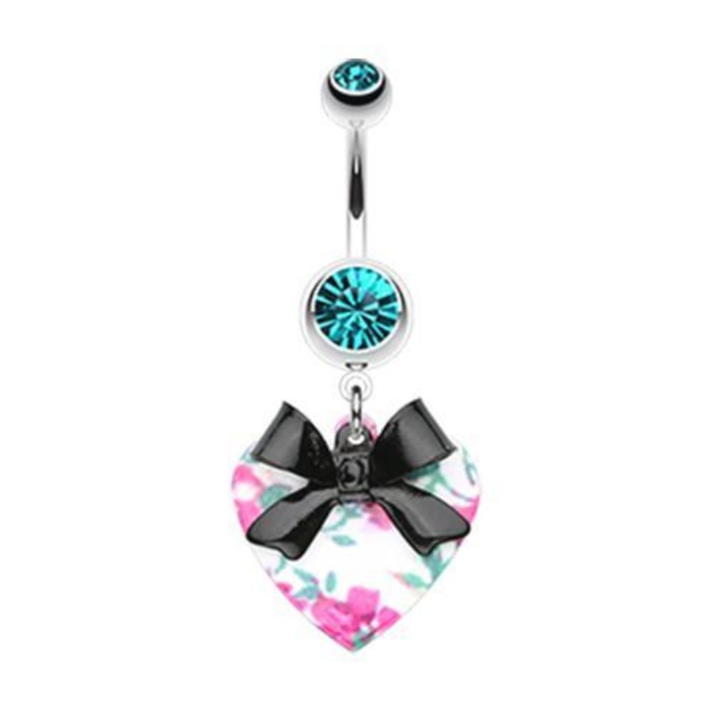 Teal Vintage Floral Heart Bow-Tie Dangle Belly Ring 14G (1.6mm) Length: 3/8″ (10mm)