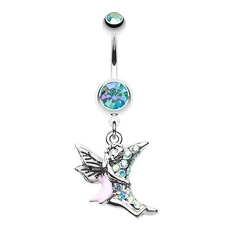 Aqua/Aurora Borealis Adorable Moon Hugging Fairy Dangle Belly Ring 14G (1.6mm) Length: 3/8″ (10mm)