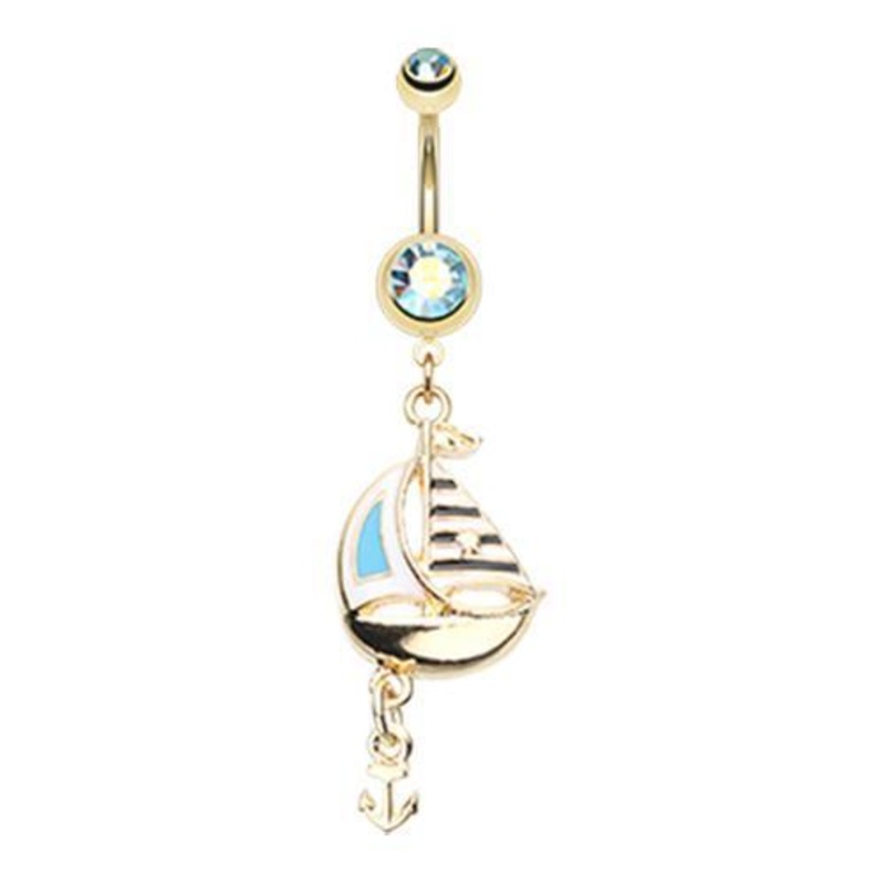 Aqua/Aurora Borealis Golden Sail Boat Anchor Dangle Belly Ring 14G (1.6mm) Length: 3/8″ (10mm)