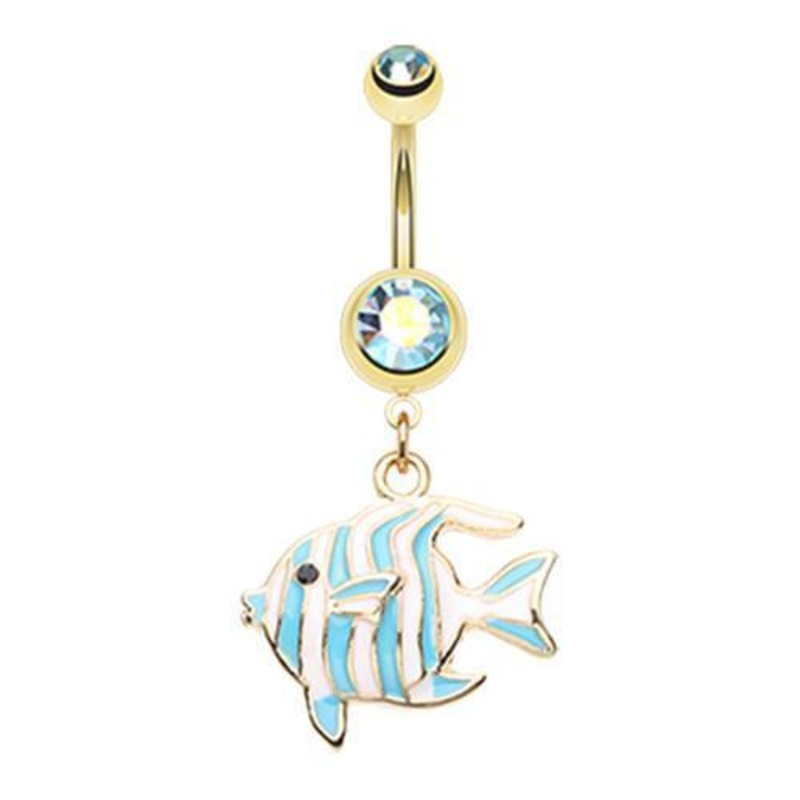 Aqua/Aurora Borealis Golden Tropical Stripe Fish Dangle Belly Ring 14G (1.6mm) Length: 3/8″ (10mm)