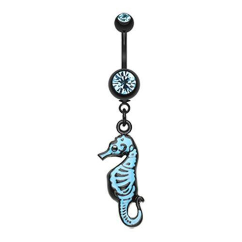 Aqua Electro Skeletal Seahorse Dangle Belly Ring 14G (1.6mm) Length: 3/8″ (10mm)