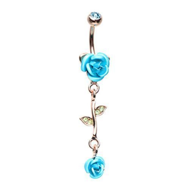 Aqua Rose Gold Bright Metal Rose Dangle Belly Ring 14G (1.6mm) Length: 3/8″ (10mm)