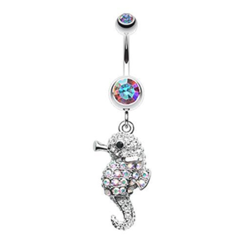 Aurora Borealis Adorable Baby Seahorse Dangle Belly Ring 14G (1.6mm) Length: 3/8″ (10mm)