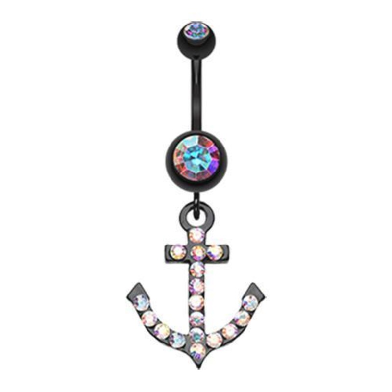Aurora Borealis Black Anchor Gem Sparkle Dangle Belly Ring 14G (1.6mm) Length: 3/8″ (10mm)