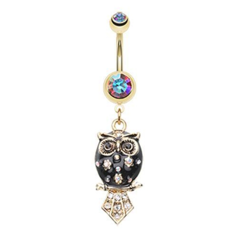 Aurora Borealis/Black Golden Blossom Owl Dangle Belly Ring 14G (1.6mm) Length: 3/8″ (10mm)