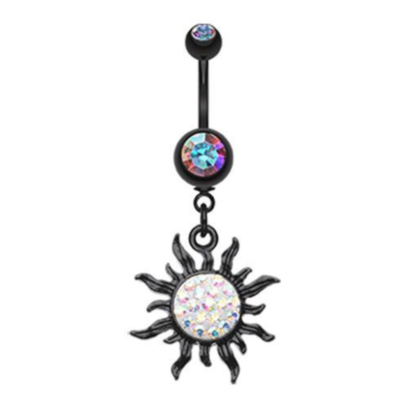 Aurora Borealis Black Multi-Sprinkle Dot Sun Dangle Belly Ring 14G (1.6mm) Length: 3/8″ (10mm)