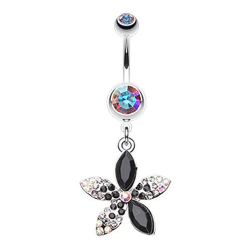 Aurora Borealis/Black Radiant Spring Beauty Flower Dangle Belly Ring 14G (1.6mm) Length: 3/8″ (10mm)
